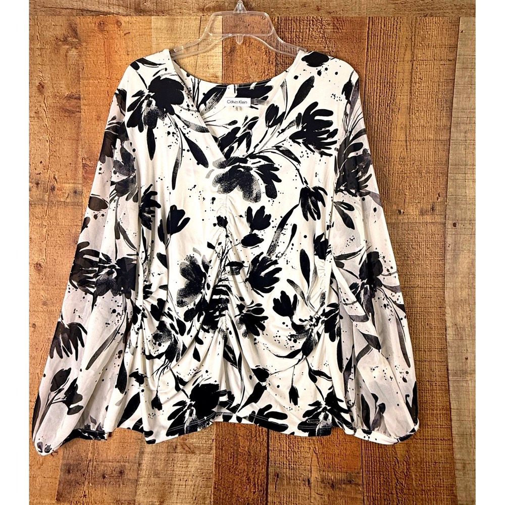 Calvin Klein Floral Ruched Blouse XL Black White Draped Romantic Office Siren